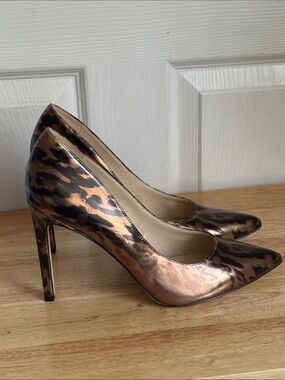 Nine West Metallic Leopard-Print Pointed Toe Tatiana Pumps Bronze & Black Sz 10